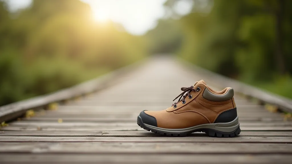 Close-up of comfortable walking shoes on wooden boardwalk surface, showing proper footwear for outdoor trails