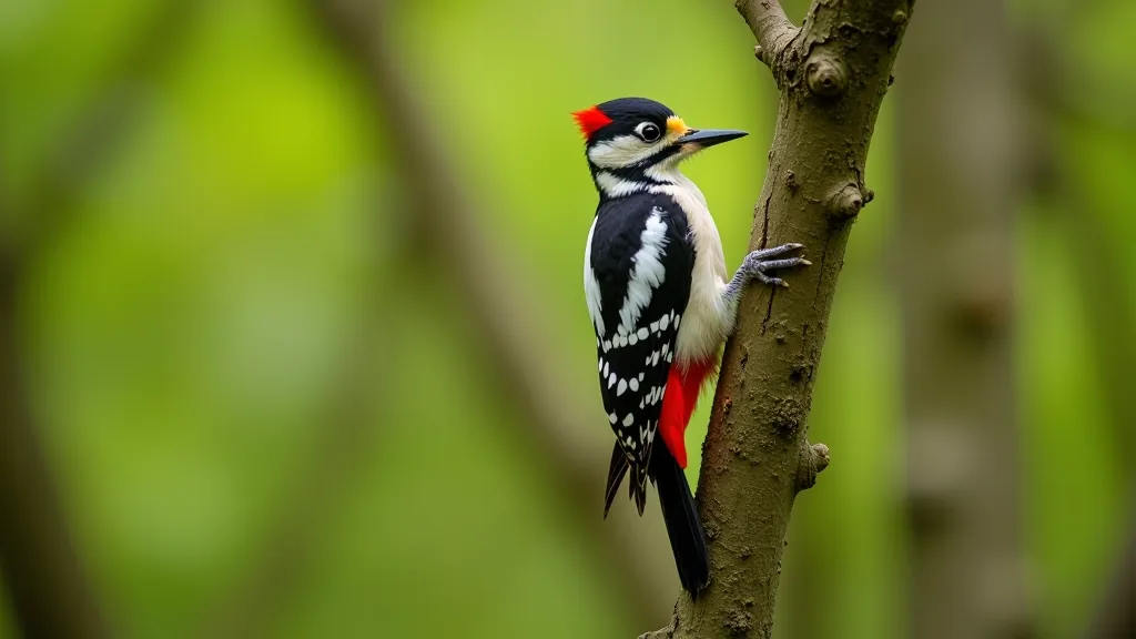 Close-up of a great spotted woodpecker on tree bark, showing distinctive black and white plumage with red patch, natural forest background