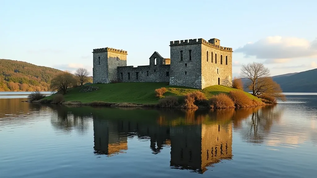 Historic stone castle ruins on small island in blue water with ancient walls and doorways visible
