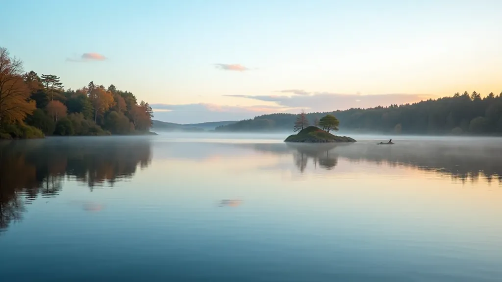 Scenic view of Lough Key islands with calm blue water reflecting trees and sky during golden hour sunset