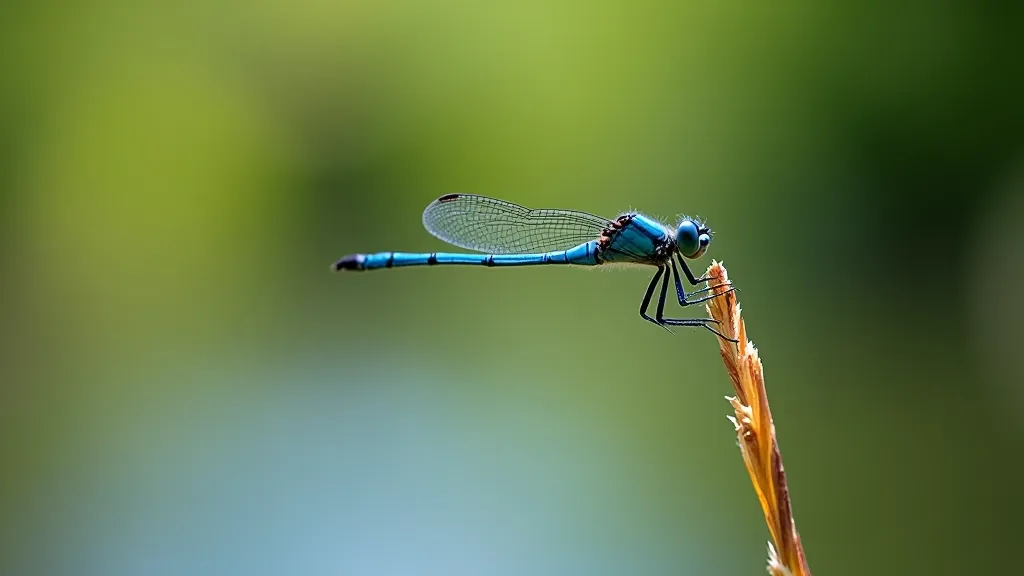 Vibrant dragonfly perched on water plant stem, showing detailed iridescent wings and body near pond edge