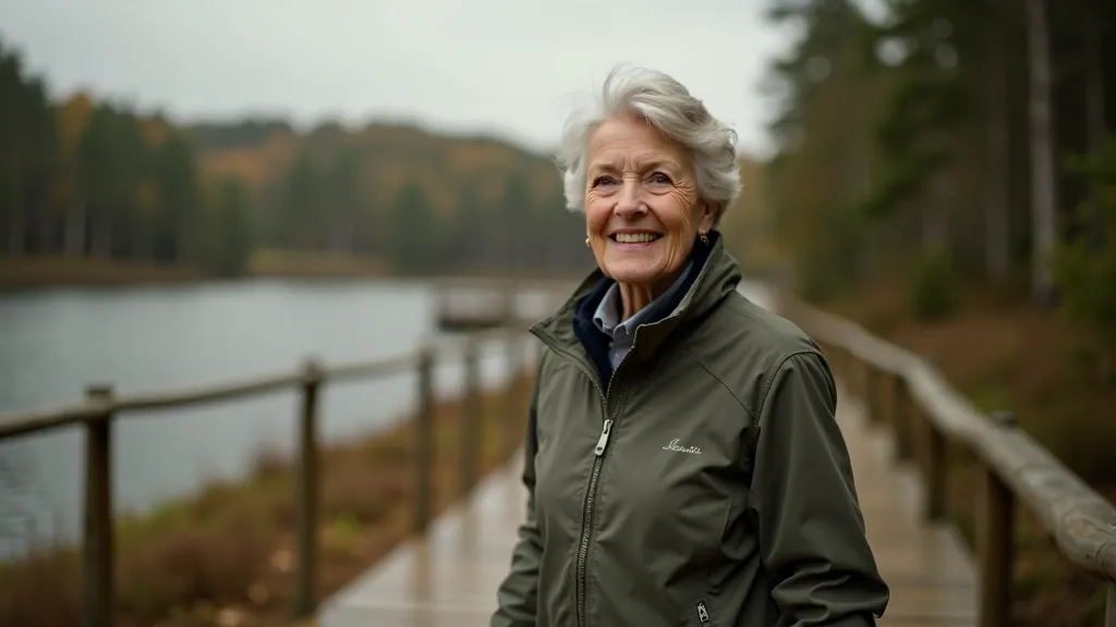 Woman aged 65 walking on wooden boardwalk through forest with trees on both sides