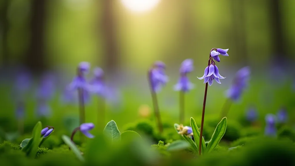 Colorful cluster of native wildflowers including bluebells, primrose, and wood anemone blooming on forest floor
