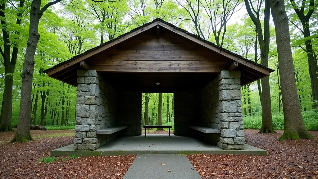 Stone shelter structure in forest with benches, weathered historic architecture surrounded by trees and natural landscape