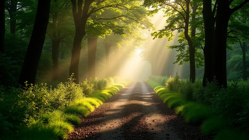 Quiet forest path with morning light filtering through trees, peaceful natural setting with undergrowth