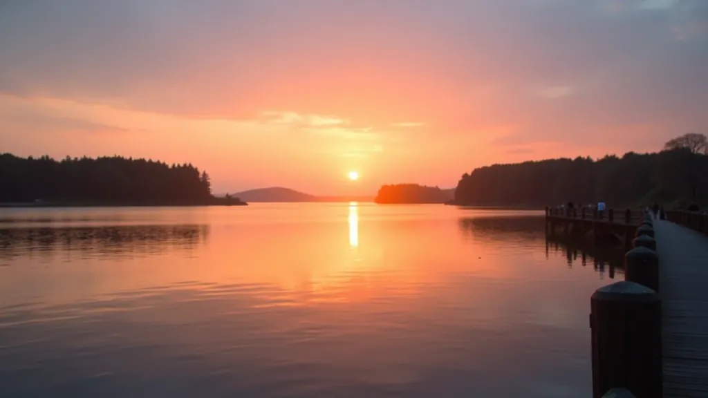 Golden hour sunlight reflecting across calm lough water with islands silhouetted against bright sky