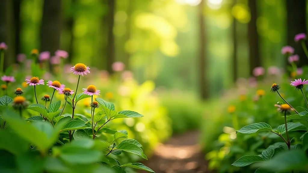 Native wildflowers and plants growing along forest edge with various colors and leaf types