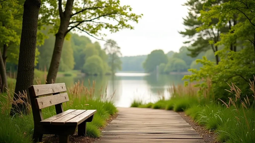 Wooden bench on boardwalk overlooking water with trees and sky visible from seating perspective