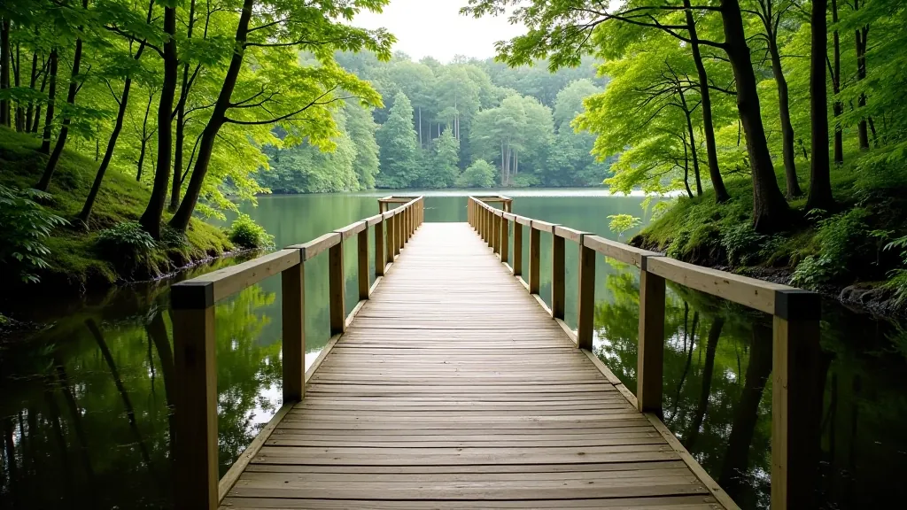 Wooden boardwalk stretching through forest with calm water on one side and native trees, peaceful natural setting