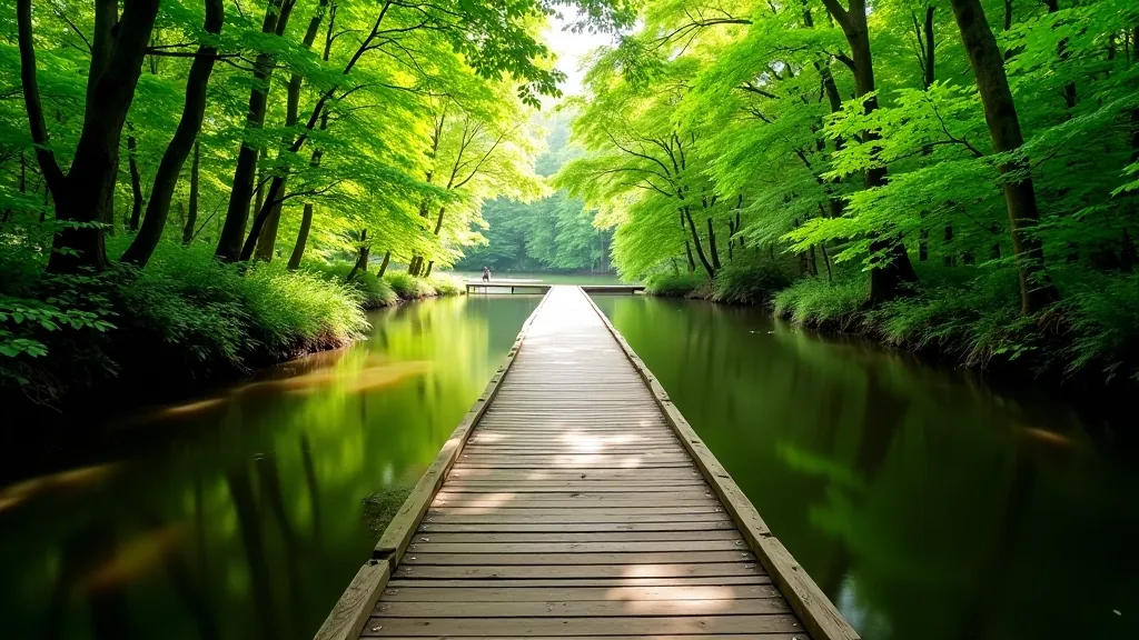 Wooden boardwalk pathway winding through green forest at Lough Key with calm water reflections and natural sunlight