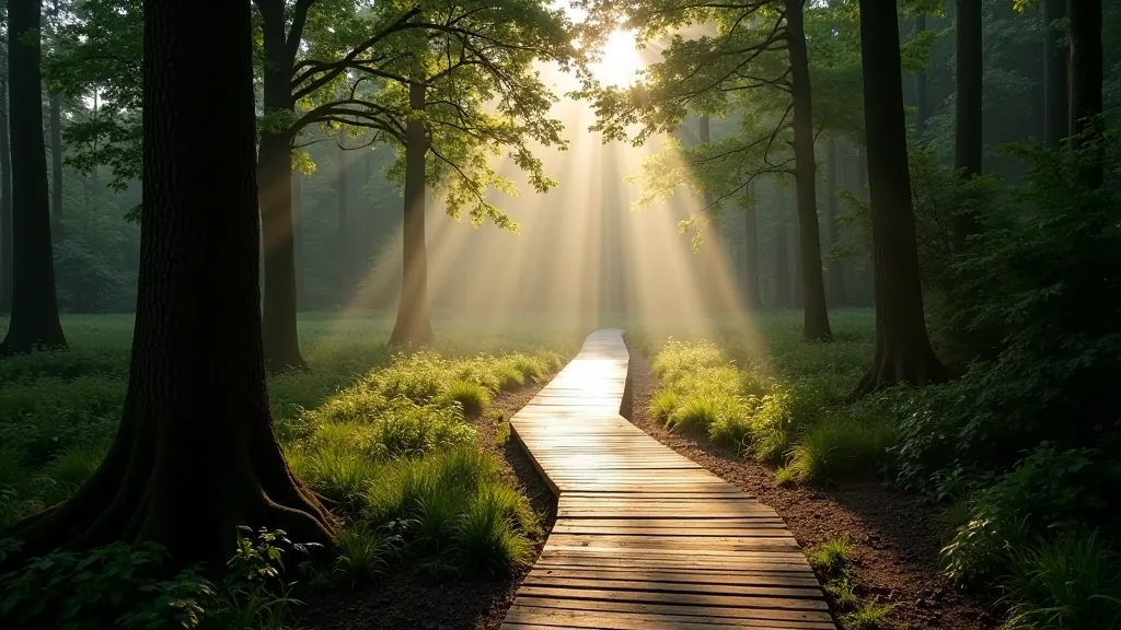 A serene wooden boardwalk path winding through a misty forest with natural morning light filtering through the trees
